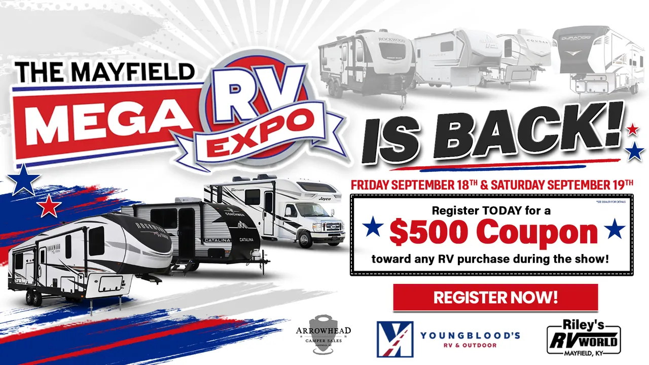 The Mayfield Mega RV Expo is back — Friday September 18 and Saturday September 19. Register today for a $500 coupon toward any RV purchase during the show.